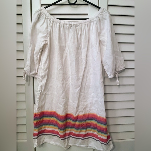 J Crew dress linen blend white rainbow stripe mini dress off shoulder. - Picture 4 of 7